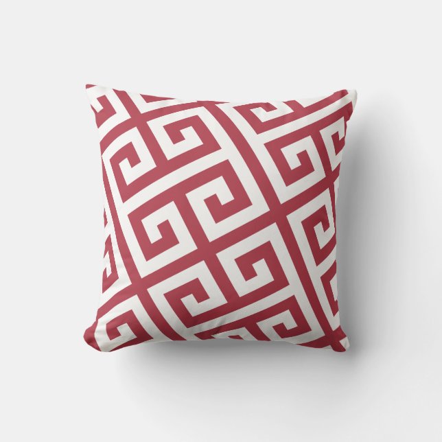 Modern Red Greek Key patterned Throw Pillow (Front)