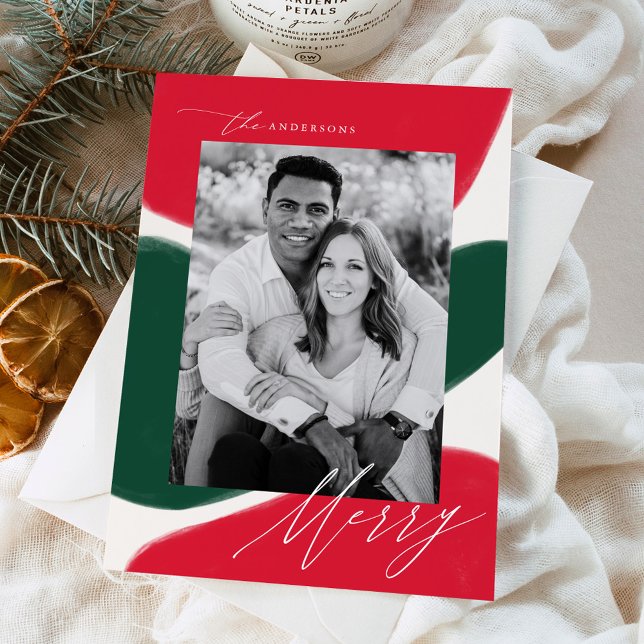 Modern Red & Green Abstract Shapes Photo Holiday Card (Creator Uploaded)
