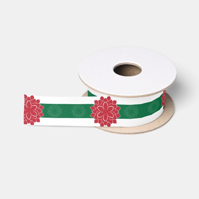Modern Red, Green and white Holiday Poinsettia Satin Ribbon (Spool)