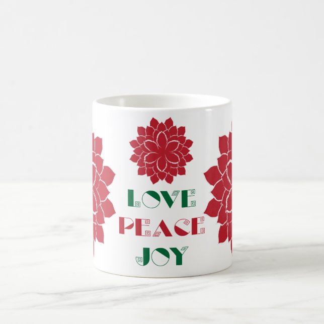 Modern Red, Green and white Love, Peace, Joy text Coffee Mug (Center)