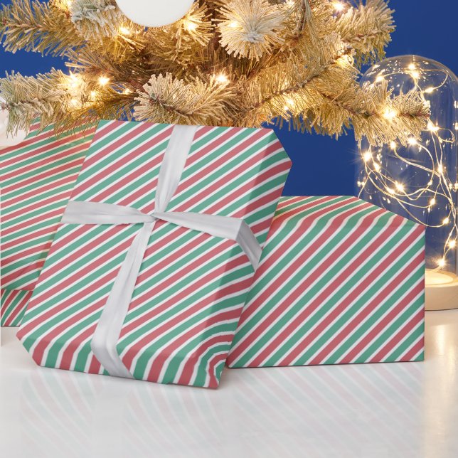 Modern Red Green and White Stripes Christmas Wrapping Paper (Holidays)