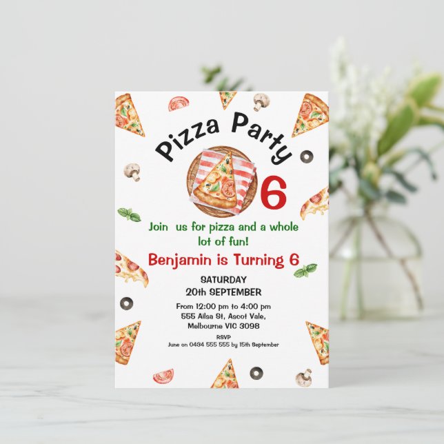Modern Red Green Any Age Pizza Party Birthday Invitation (Standing Front)