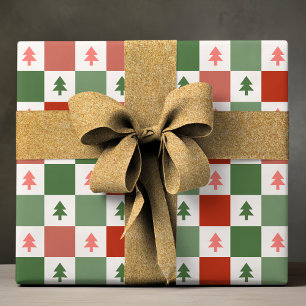 Modern Red Green Checkerboard Christmas Trees Wrapping Paper