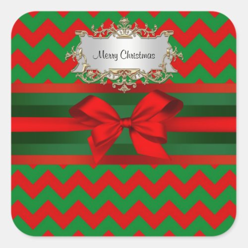 Modern Red Green Chevron Zig_Zag Ribbon Christmas Square Sticker