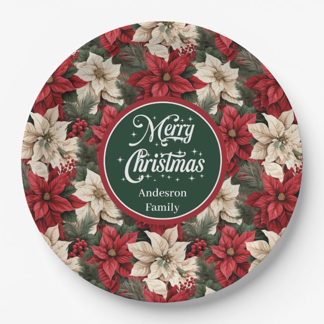 Modern Red Green Christmas Floral Paper Plates  (Front)