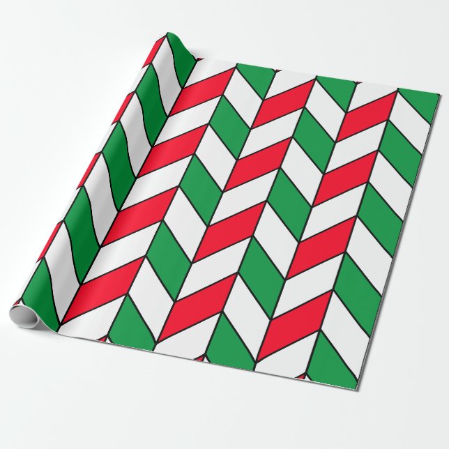 Modern Red Green Christmas Herringbone Chevron Wrapping Paper (Unrolled)
