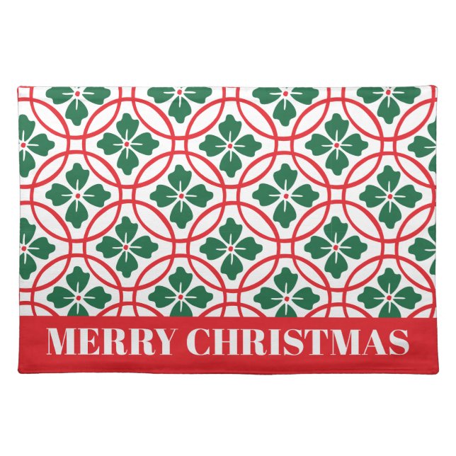Modern Red Green Christmas Holly Pattern Cloth Placemat (Front)