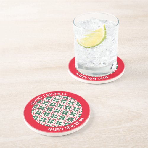 Modern Red Green Christmas Holly Pattern Custom Coaster