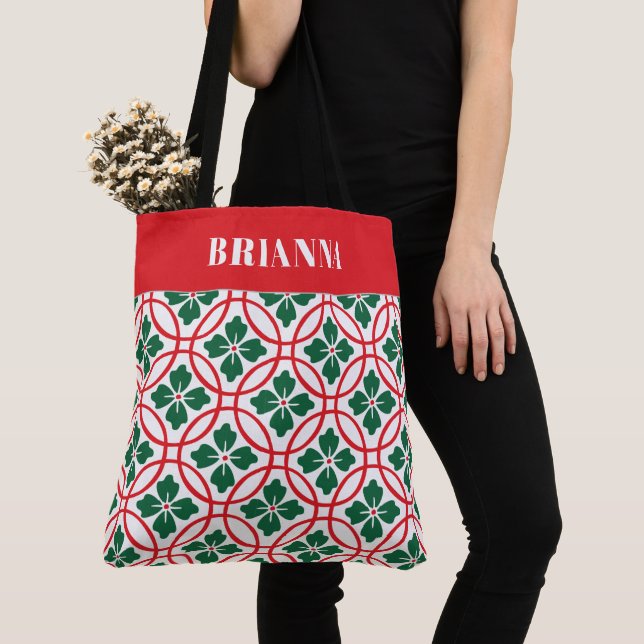 Modern Red Green Christmas Holly Pattern Custom Tote Bag (Close Up)