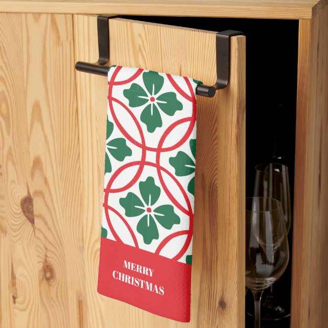 Modern Red Green Christmas Holly Pattern Kitchen Towel (Thirds Fold)