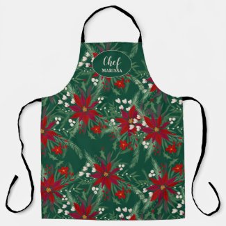 modern red green Christmas poinsettia floral Chef Apron