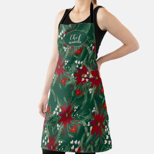modern red green Christmas poinsettia floral Chef Apron
