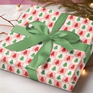 Modern Red Green Christmas Tree Checkered Pattern Wrapping Paper