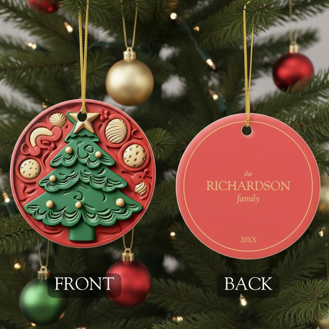 Modern Red Green Christmas Tree Ornament (cute 3D-effect trompe l'oeil red green Christmas tree ornament with customizable family name year)