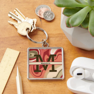 Modern Red Green Cream Swirl Monogram Initial Name Keychain