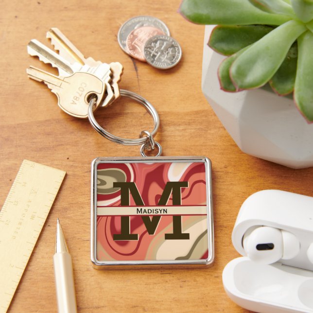 Modern Red Green Cream Swirl Monogram Initial Name Keychain (Desk)