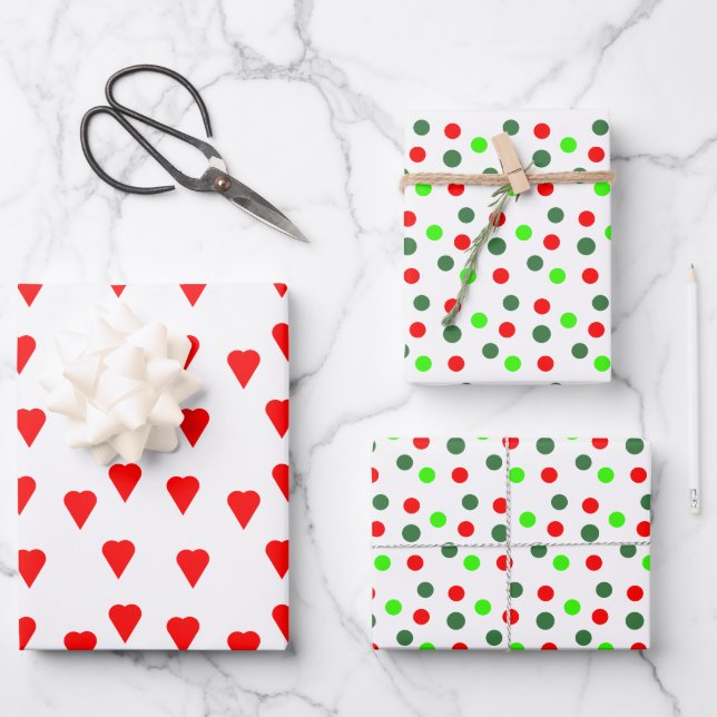 Modern Red Green Dots Hearts Christmas Wrapping Paper Sheets (Front)