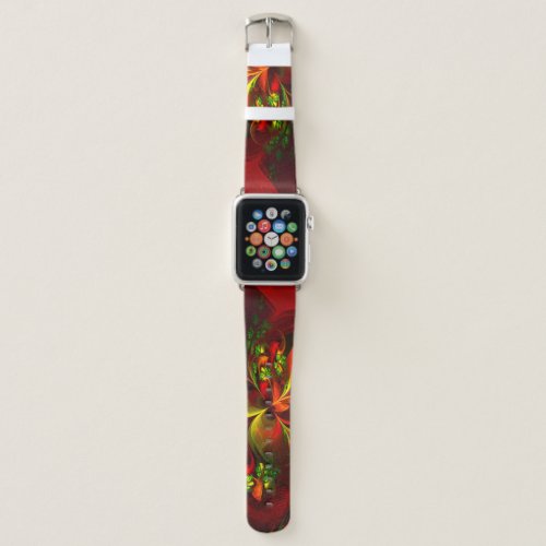 Modern Red Green Floral Abstract Art Pattern 05 Apple Watch Band