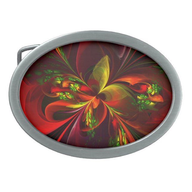 Modern Red Green Floral Abstract Art Pattern #05 Belt Buckle (Front)