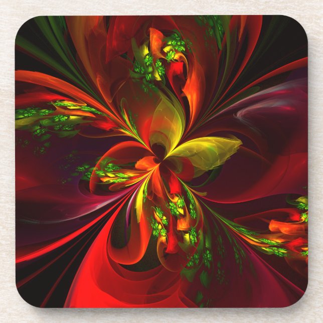 Modern Red Green Floral Abstract Art Pattern #05 Beverage Coaster (Front)