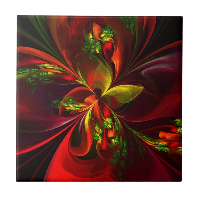 Modern Red Green Floral Abstract Art Pattern #05 Ceramic Tile (Front)