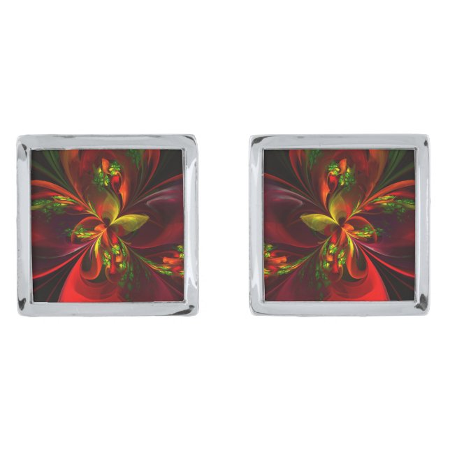 Modern Red Green Floral Abstract Art Pattern #05 Cufflinks (Front)