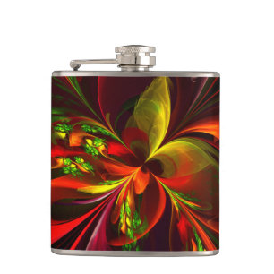 Modern Red Green Floral Abstract Art Pattern #05 Flask