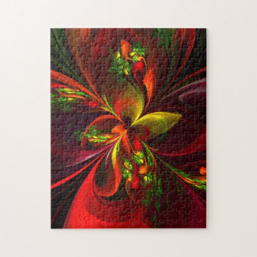 Modern Red Green Floral Abstract Art Pattern 05 Jigsaw Puzzle