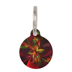 Modern Red Green Floral Abstract Art Pattern #05 Pet ID Tag