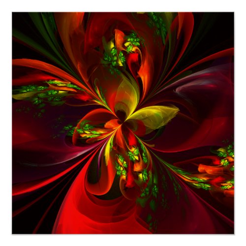 Modern Red Green Floral Abstract Art Pattern 05 Poster