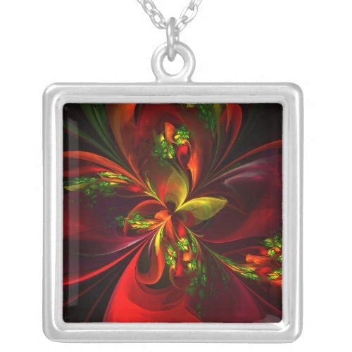 Modern Red Green Floral Abstract Art Pattern 05 Silver Plated Necklace