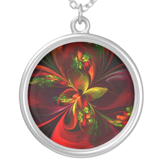 Modern Red Green Floral Abstract Art Pattern #05 Silver Plated Necklace (Front)