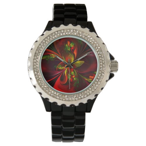Modern Red Green Floral Abstract Art Pattern 05 Watch