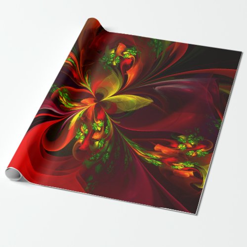 Modern Red Green Floral Abstract Art Pattern 05 Wrapping Paper