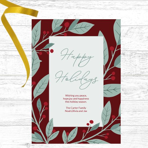 Modern Red Green Floral Happy Holidays Holiday Card