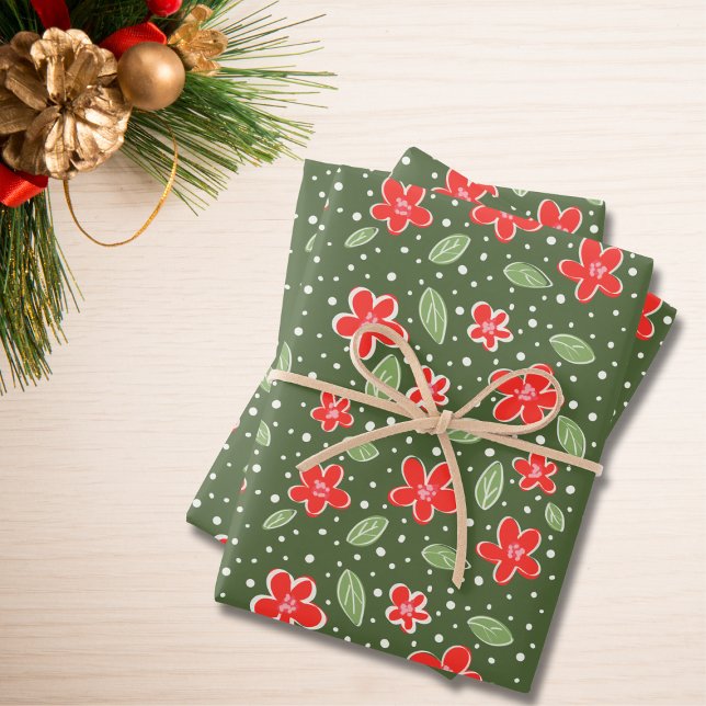 Modern Red & Green Floral Holiday Wrapping Paper Sheets (Creator Uploaded)