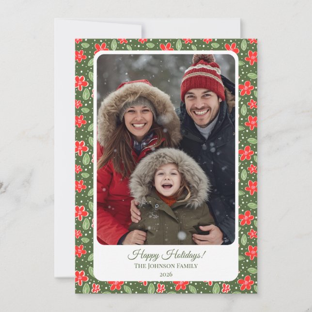 Modern Red & Green Floral Photo Flat Holiday Card (Front)