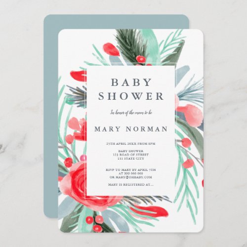 Modern red green floral watercolor baby shower invitation
