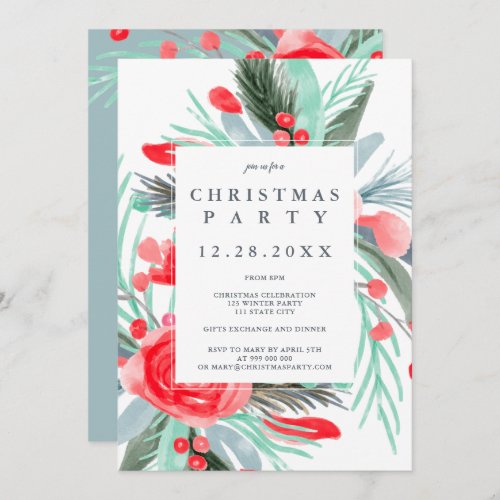 Modern red green floral watercolor Christmas party Invitation