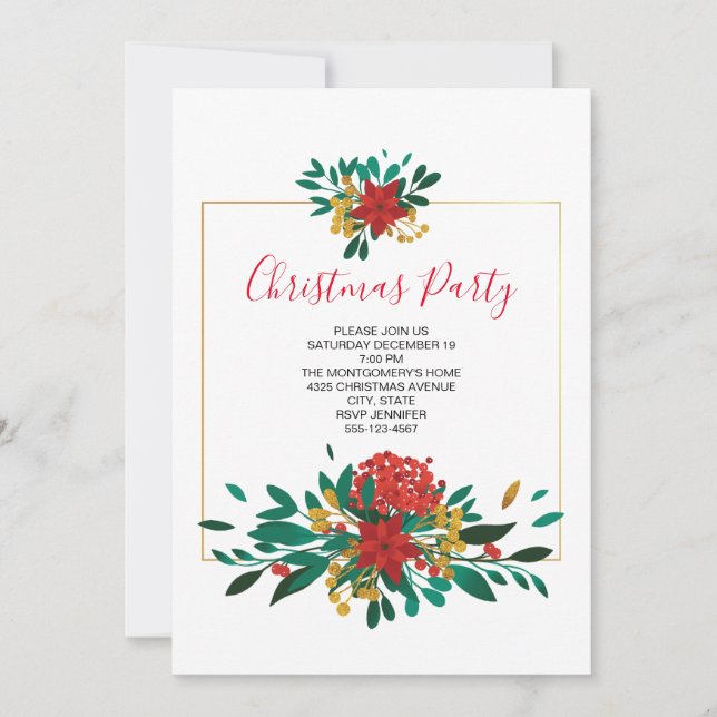 Modern Red Green & Gold Christmas Bouquet Party Invitation (Front)