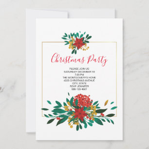 Modern Red Green & Gold Christmas Bouquet Party Invitation
