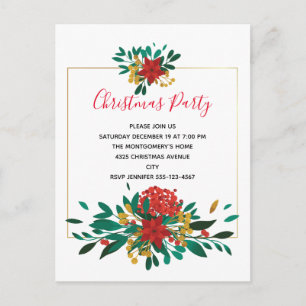 Modern Red Green & Gold Christmas Bouquet Party Invitation Postcard