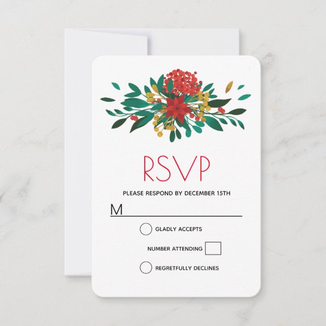 Modern Red Green & Gold Christmas Bouquet RSVP Card (Front)
