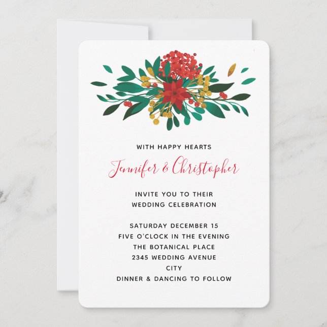 Modern Red Green & Gold Christmas Bouquet Wedding Invitation (Front)