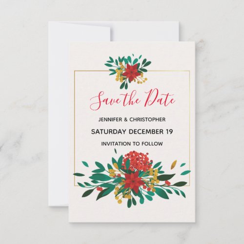 Modern Red Green  Gold Christmas Bouquet Wedding Save The Date
