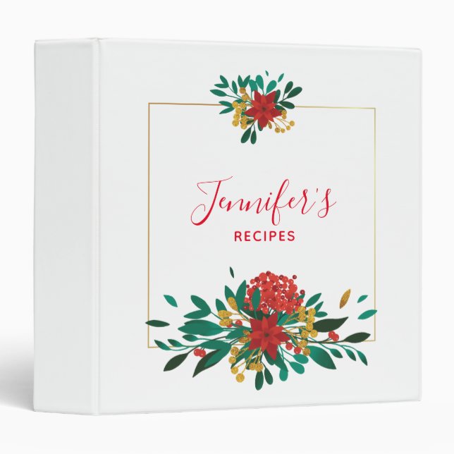 Modern Red Green & Gold Christmas Floral 3 Ring Binder (Front/Spine)