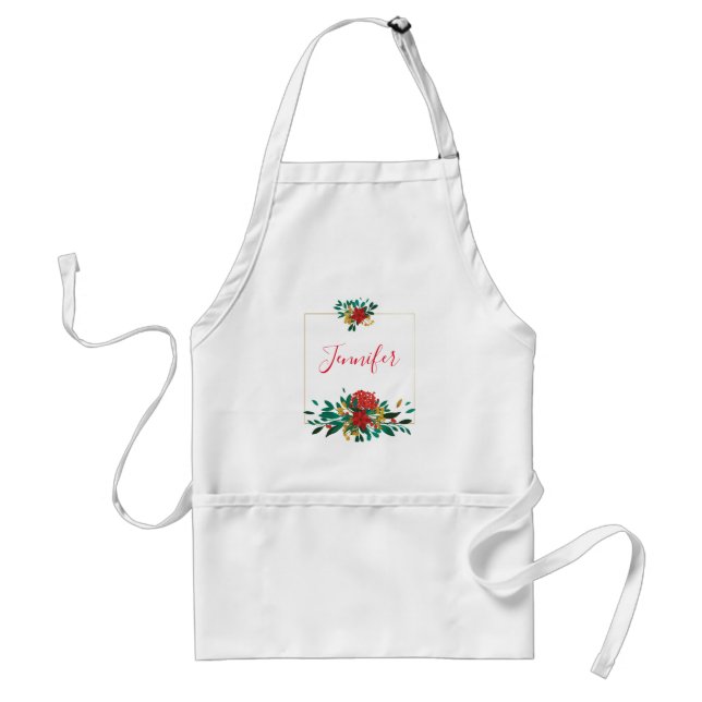 Modern Red Green & Gold Christmas Floral Adult Apron (Front)