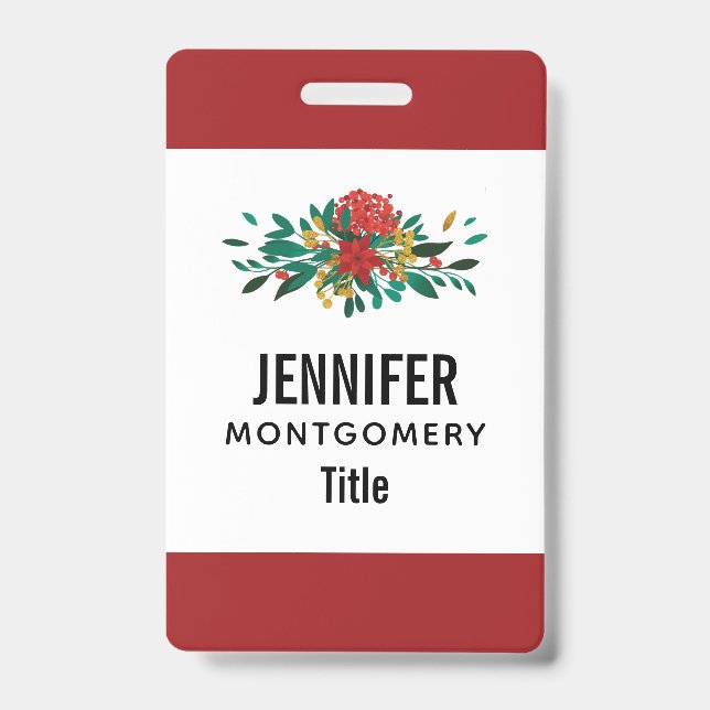Modern Red Green & Gold Christmas Floral Badge (Front)