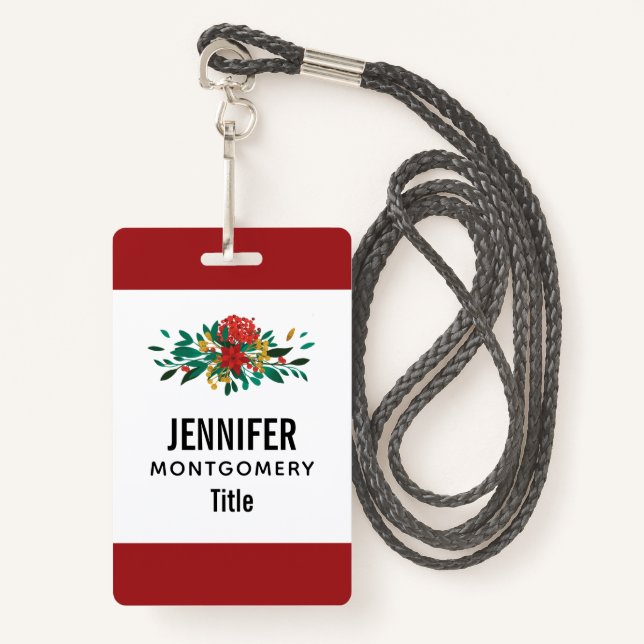 Modern Red Green & Gold Christmas Floral Badge (Front with Lanyard)