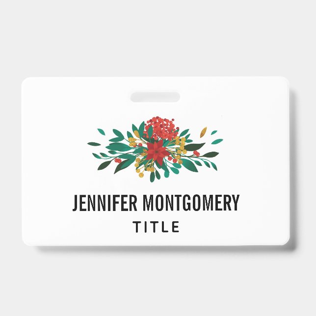Modern Red Green & Gold Christmas Floral Badge (Front)